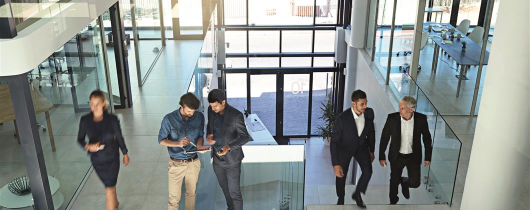 People working in an office building